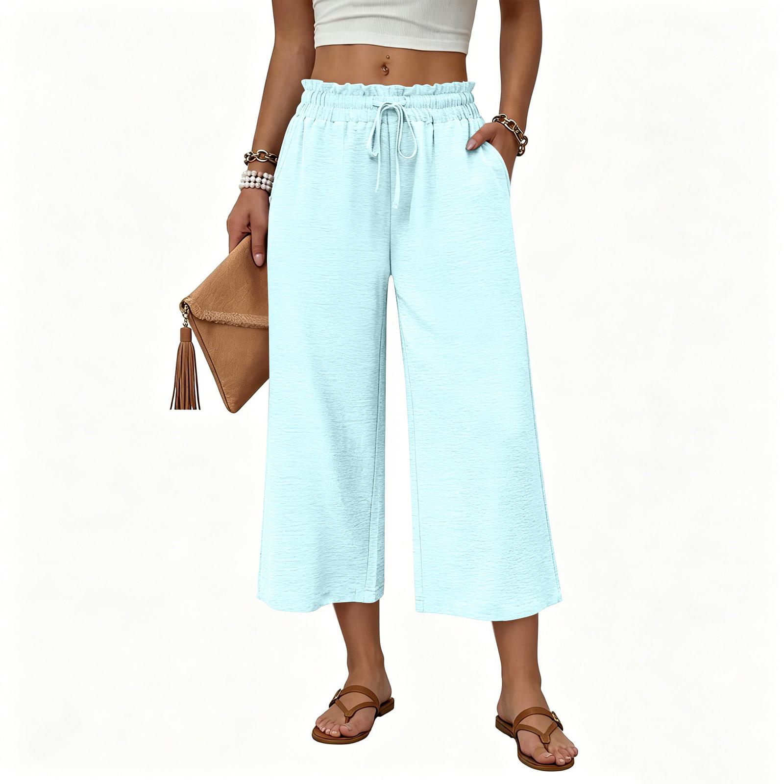 

Women Casual Loose Fit High Waist Cropped Pants with Drawstring Waist and Pockets for Everyday Comfort and Versatility M