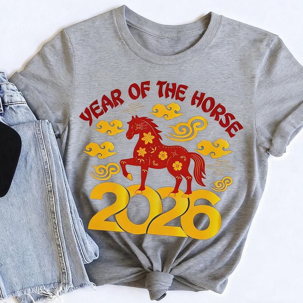 Women's Year of the Horse 2026 Short Sleeve T-Shirt Lunar New Year Chinese Sweatshirt Cotton Tshirt for Festive Occasions