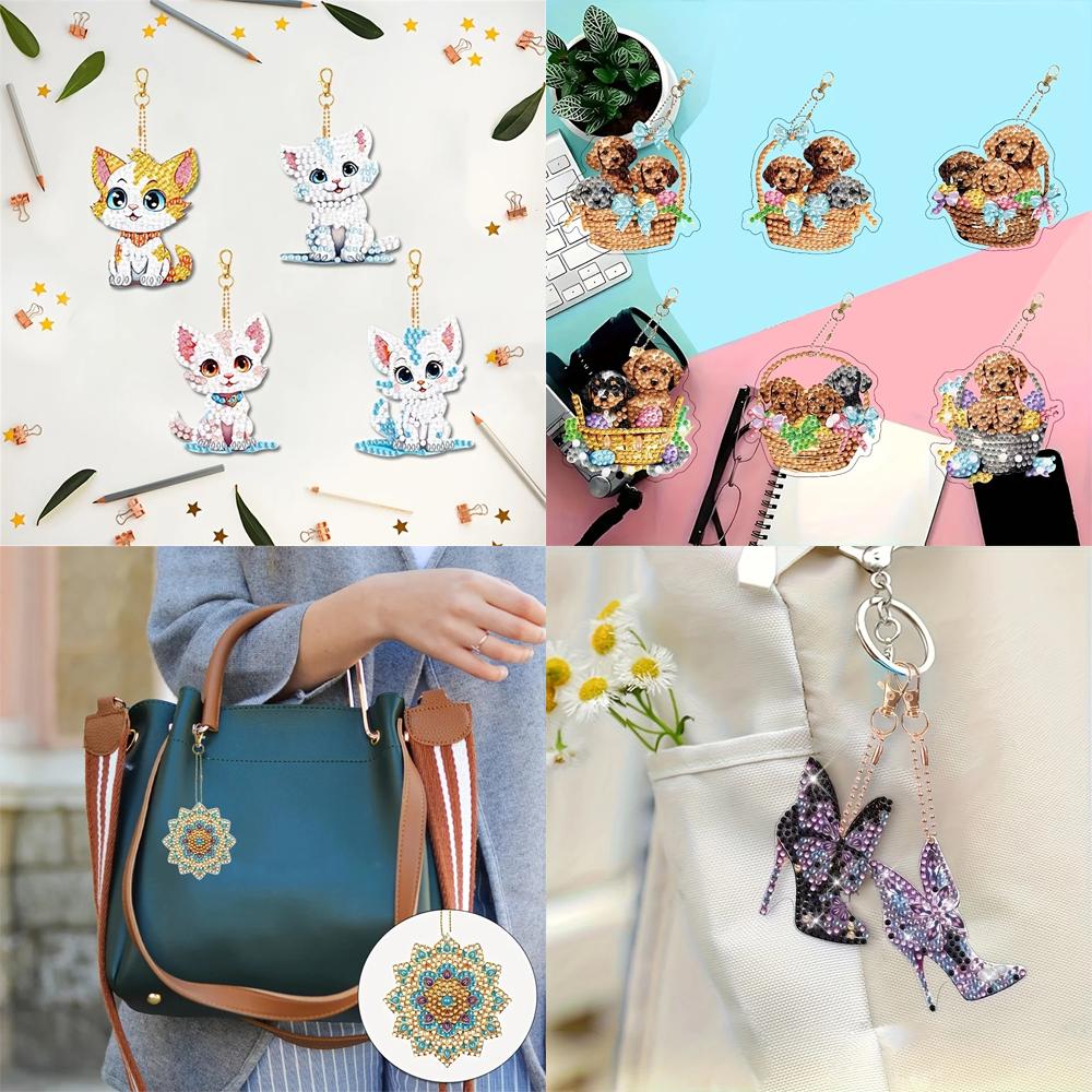 6Pcs/SetDIY Diamond Painting Keychain - Animal, Mandala Pattern, DIY Decoration, Diamond Kit Craft Supplies,