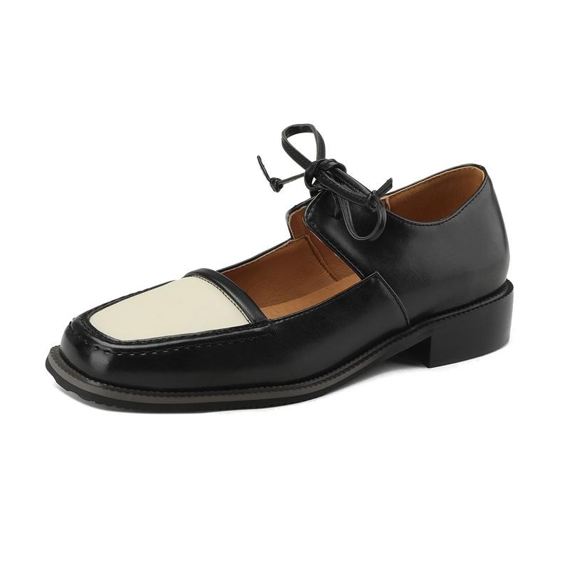 Fashion Women's New Spring and Autumn Round Head Strap Buckle Middle Heel Large Retro Color blocked Oxford Single Shoe