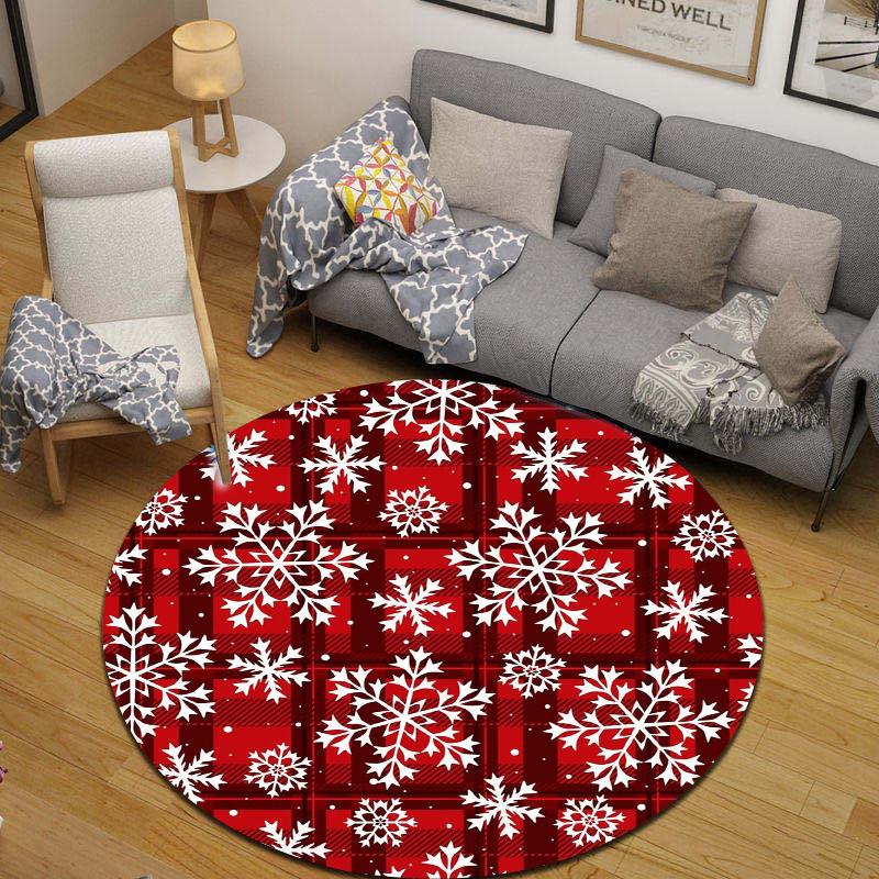 Round Floor Rug Red Buffalo Plaid Check Snowflake Winter Christmas Holiday Family Room Decor