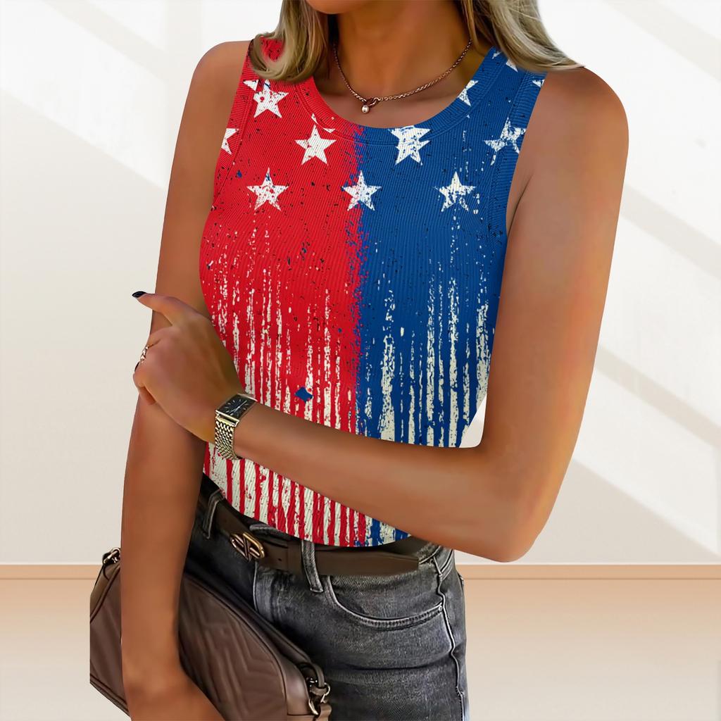 Women's Summer Fashionable Casual Independence Day Printed Round Neck Sleeveless Top Fitted Vest
