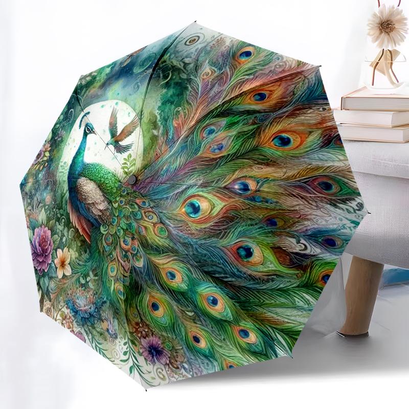 1pc Peacock, feathers pattern Umbrella Portable Folding Umbrella Iron Frame Hole Bone Structure Outdoor Home Umbrella