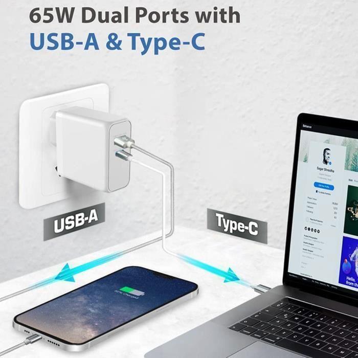 Chargeur Adaptateur 65W 2-Port Rapide PD 33W + QC 3.0 Blanc pour Samsung M13 M23 5G M32 M33 5G M52 5G