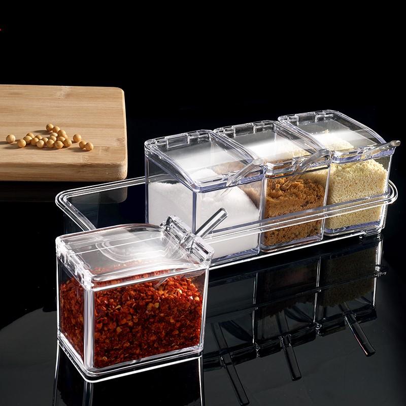 4 Stück Transparente Gewürzgläser-Set mit Löffeln und Deckeln – Gewürzregal zur Aufbewahrung von Gewürzen für die Küchenwürzung