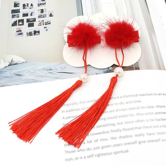 1Pair Chinese Style Kid Girl Pompom Fan Tassel Hairpins Hair Clips Accessories