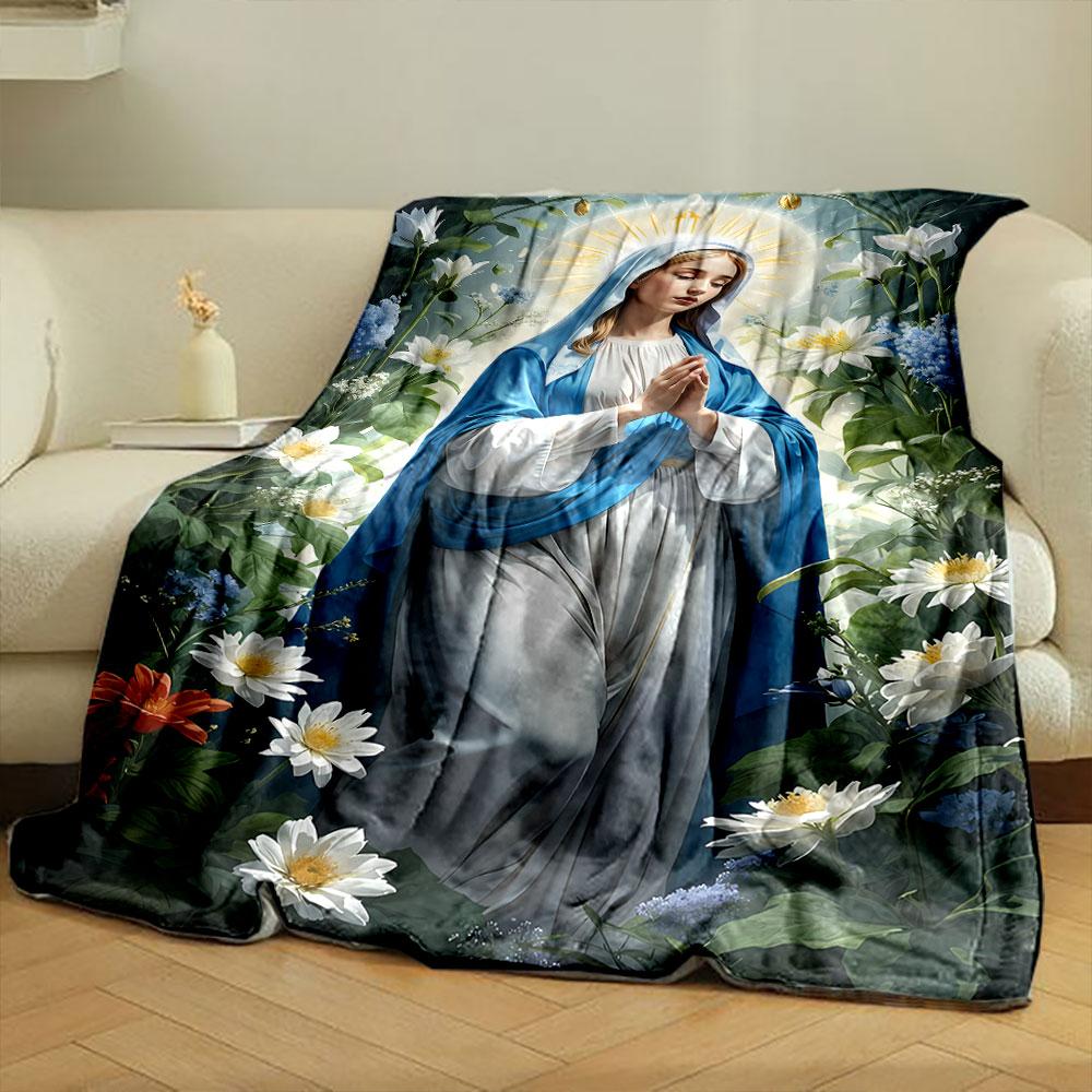 Virgin Mary Praying Floral Blanket Printed Blanket for Living Room Bed Couch Lunch Break Soft Cozy Blanket for Friend's Festival Gift