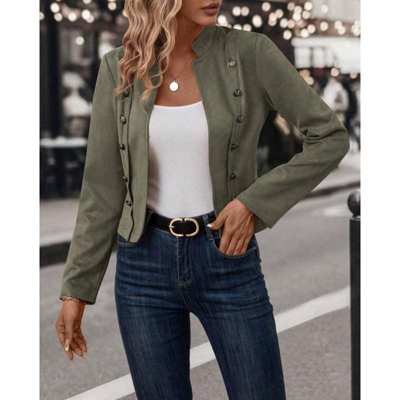 Womens Solid Color Double-Breasted Faux Suede Jacket Long Sleeve Stand Collar Office Chic Outerwear