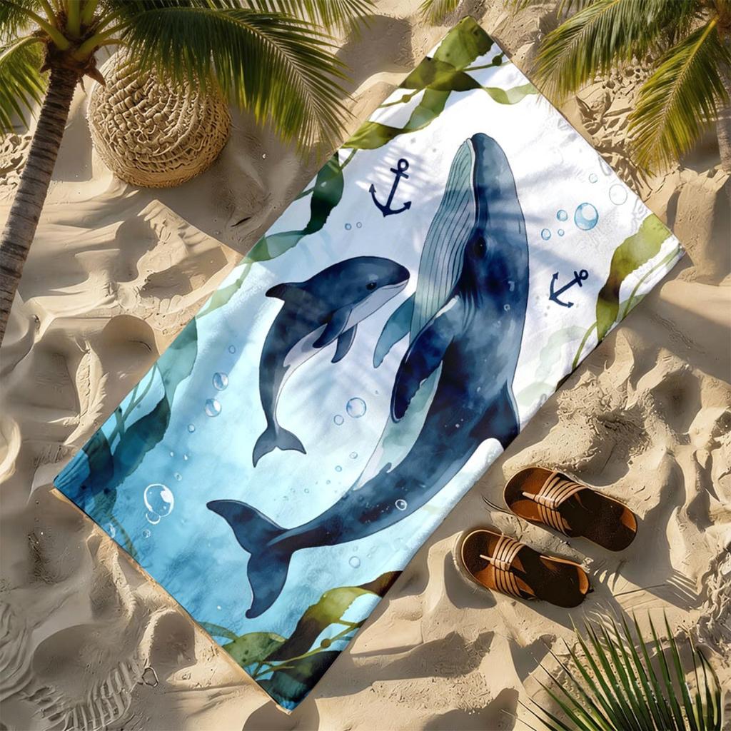 Whale Underwater Theme Polyester Microfiber Beach Towel Is Highly Absorbent, Suitable for Swimming and Beach Outings
