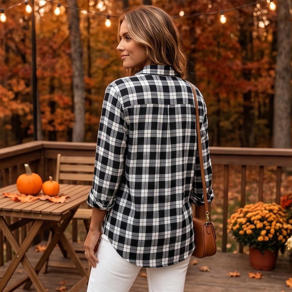 Women's checkered collar long-sleeved shirt with loose shoulder cut and versatile casual style