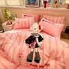 Conjunto de Roupa de Cama de Algodão de 4 Peças Rosa Claro com Tema de Desenho Animado para Meninas