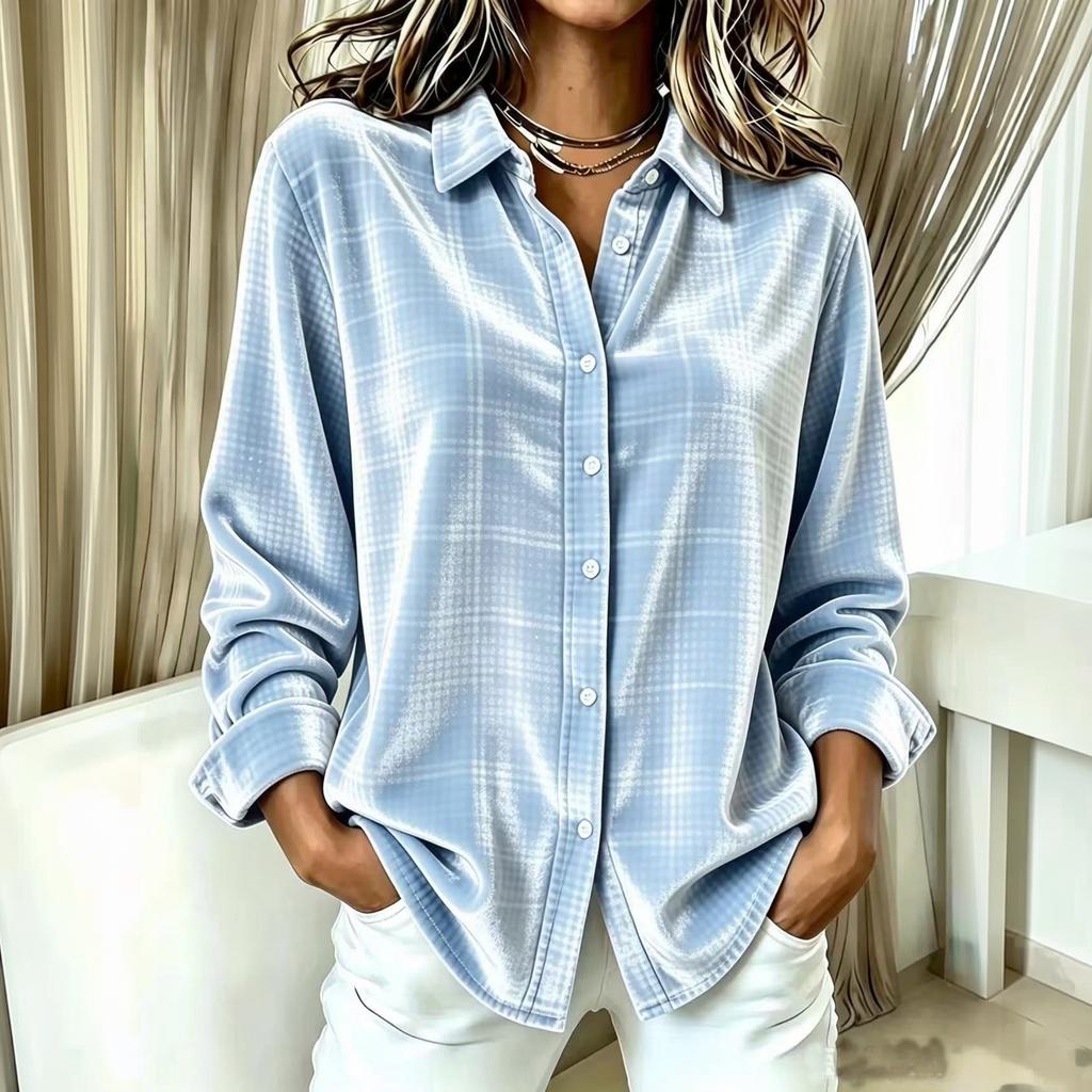Women's Velvet Plaid Shirt - Casual Long Sleeve Loose Fit Top