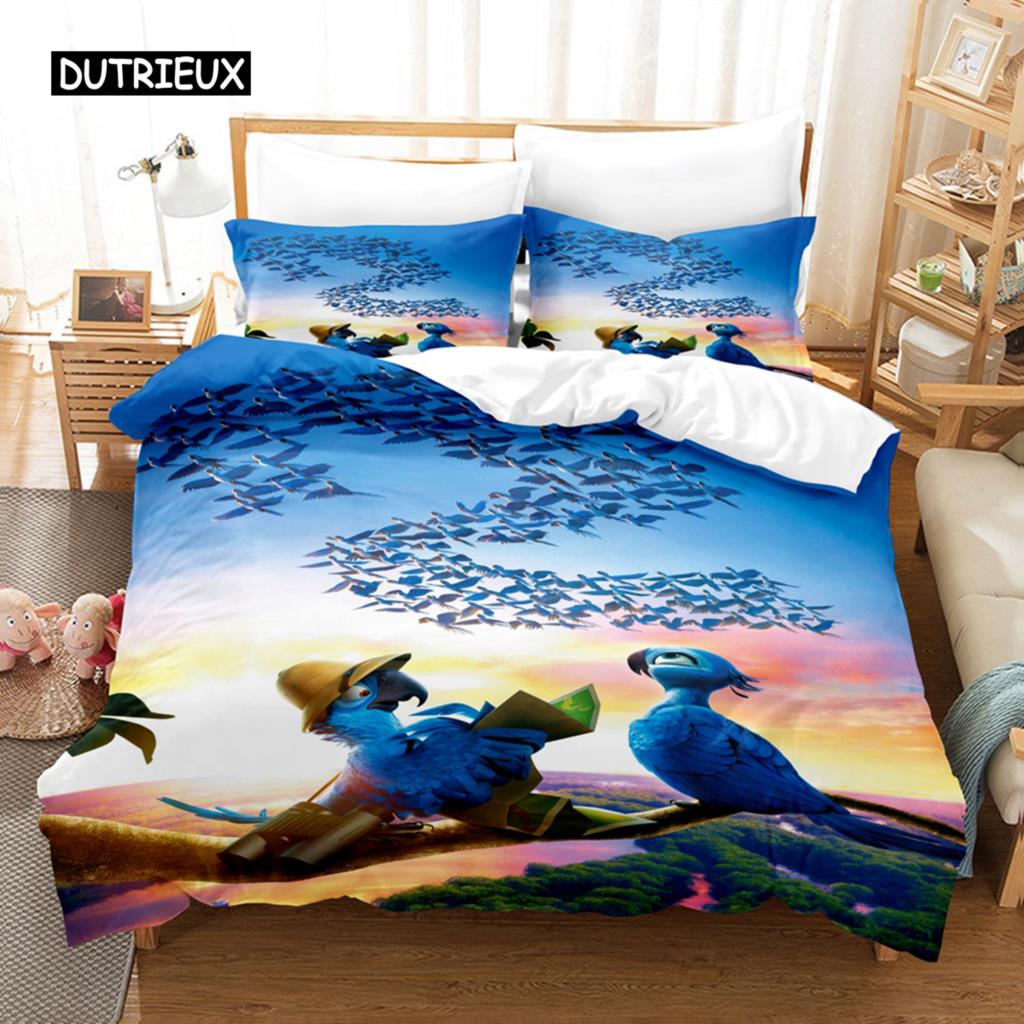 3D Parrot Duvet Cover Set Microfiber Bedding with Pillowcase King Queen Twin Luxury Animal Print Quilt Cover