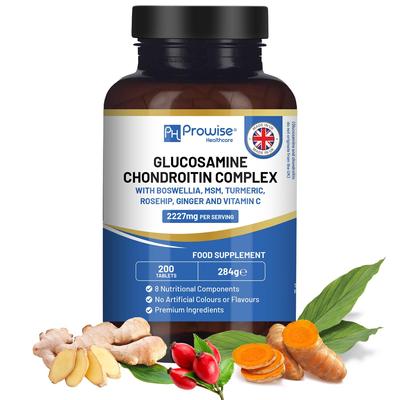 Glucosamine and Chondroitin Complex – 200 High Strength Tablets | 8 Nutritional Components | MSM, Boswellia, Vitamin C, Turmeric, Ginger, and Rosehip