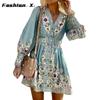 Neue langärmlige, lockere Bohemian-Kleider für Damen mit V-Ausschnitt