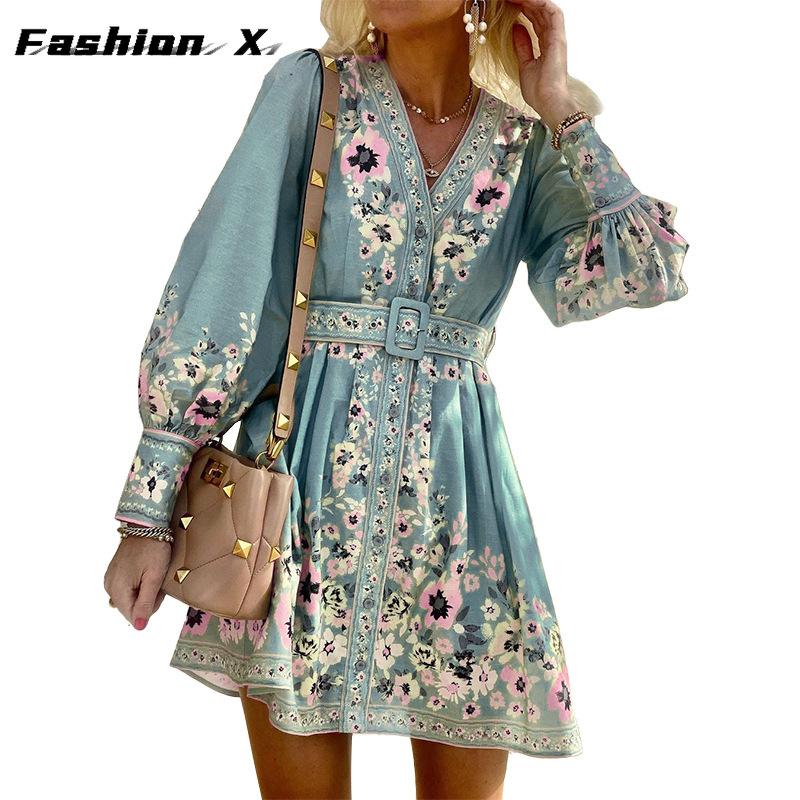 New Women's Long Sleeve V-Neck Loose Bohemian Dresses
