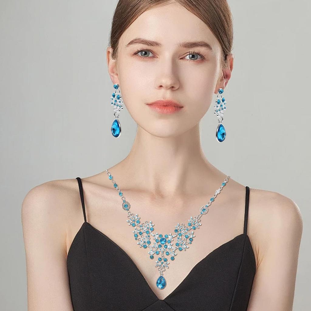 EXCEART Women's Blue Necklace and Earring Set, Lightweight, 2-Piece, 11.8x7.9 Inches, Elegant Ornament for Weddings, Bridal, and Parties