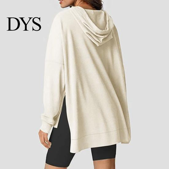 Waffle Texture Women Hoodie Fall Spring Big Pocket Drawstring Hooded Loose Slit And Autumn For Hem Pure Color Knitted Sportwear Top Warm Winter