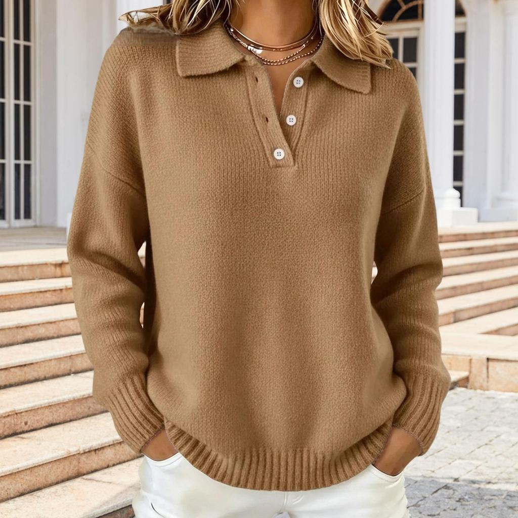 Women's Casual Loose Fit Polo Shirt Long Sleeve Knit Top Soft Texture Collar Button Placket Lightweight Pullover Sweater