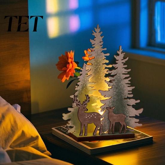 LED Lighted Xmas Tree Wooden Christmas Table Decor with Light, Rustic Standing Sign Holiday Decoration Reindeer Santa Claus for Tiered Tray,