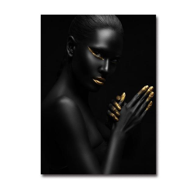 Modern Home Furnishing Black Skin Women Gold Makeup Shape Oil Painting Wall Art Poster Print Bedroom Living Room