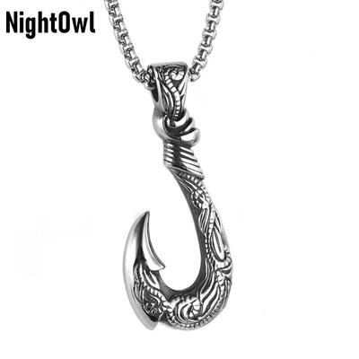 Cool Mens Hawaiian Fishing Fish Hook Pendant Necklace Stainless Steel Jewelry