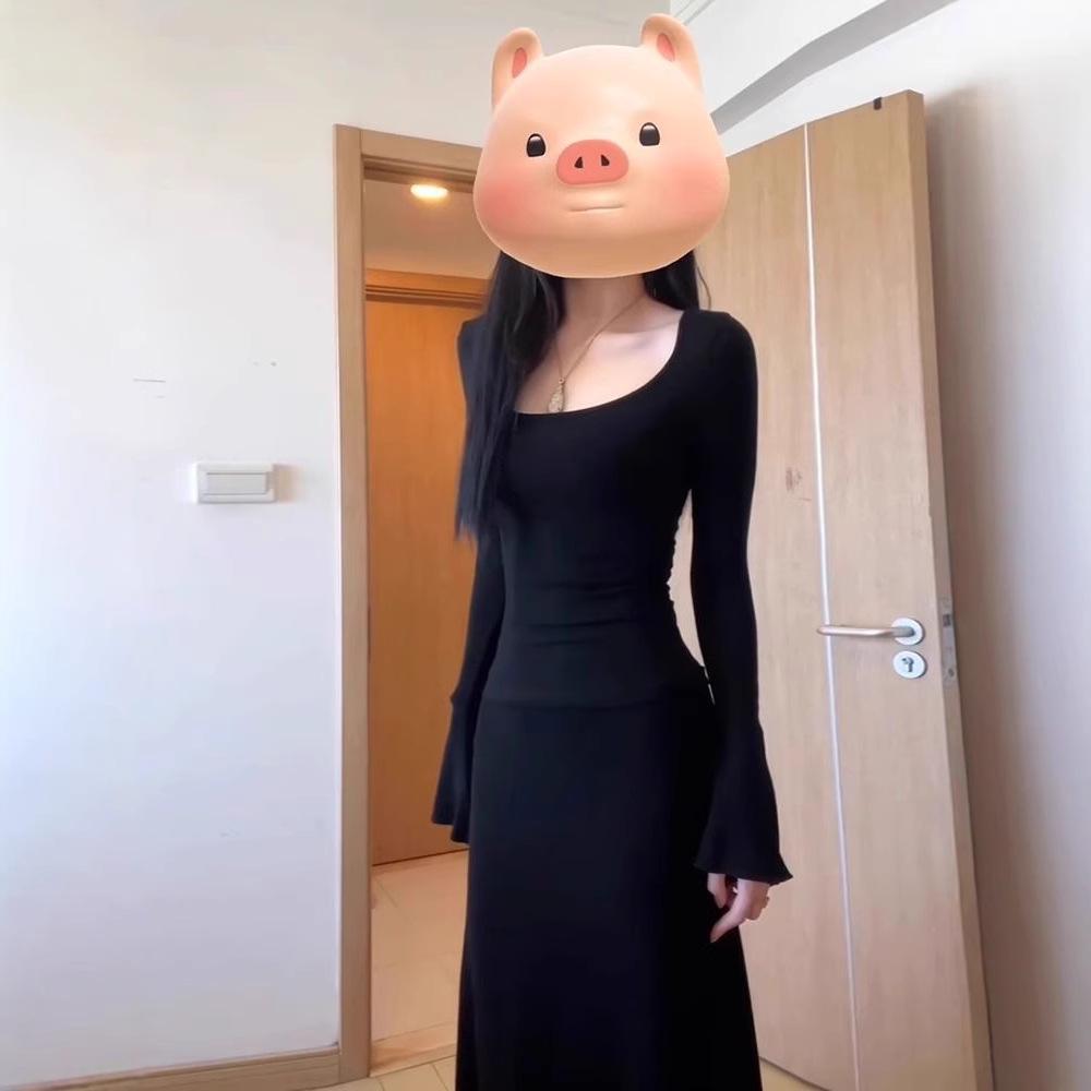 

2024 Black Long-Sleeve Slim Dress for Spring, Autumn, and Winter XL чёрный