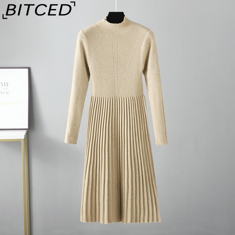 BITCED Women's Autumn Winter Plain Knitted Turtleneck Long Sleeve High Waist Sweater Dress