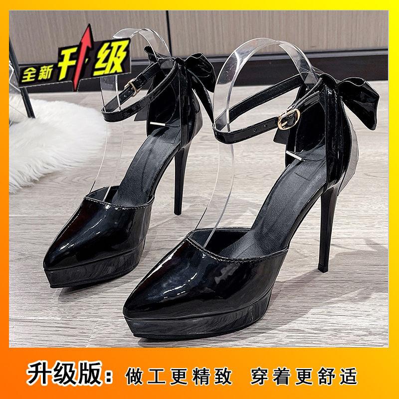 

Сексуальные босоножки с заостренным носком и перекрестными ремешками, легкие сандалии с мочками, одинарные туфли с черным бантом на высоком каблуке, новинка осени 2024 года 34