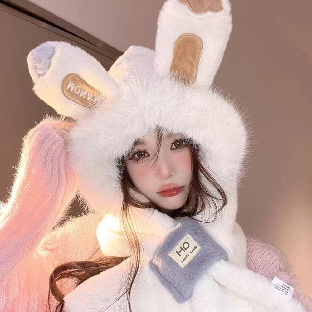 Winter Rabbit Ear Hat Ear Protection Bib Scarf Hat Fashion Plush Hat  Children