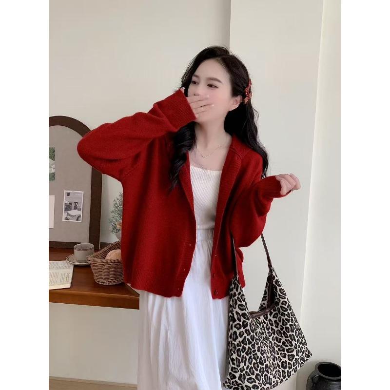 

New solid color simple hooded design single-breasted long-sleeved loose knitted cardigan women s casual jacket average size темно-красного