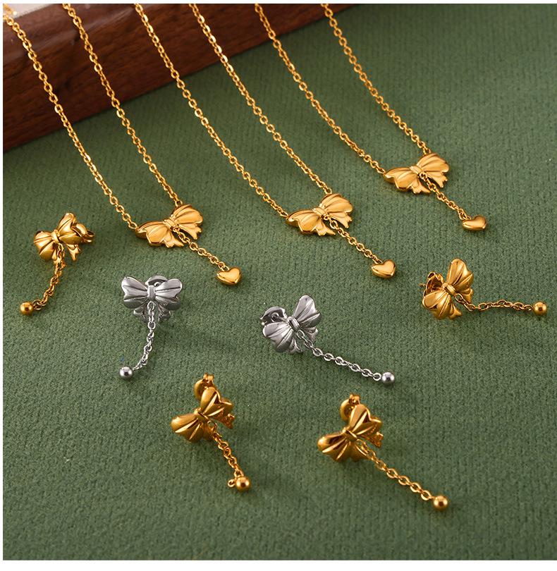 Heart-shaped Tassel Bow Necklace & Titanium Steel Earring Set