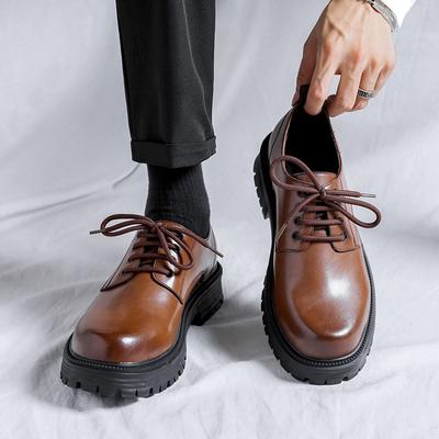 British Style Leather Shoes Korean Version Round Head Thick Sole Heightening Big Head Shoes Leather Versatile Fashion Tooling Shoes Men's 66103-R