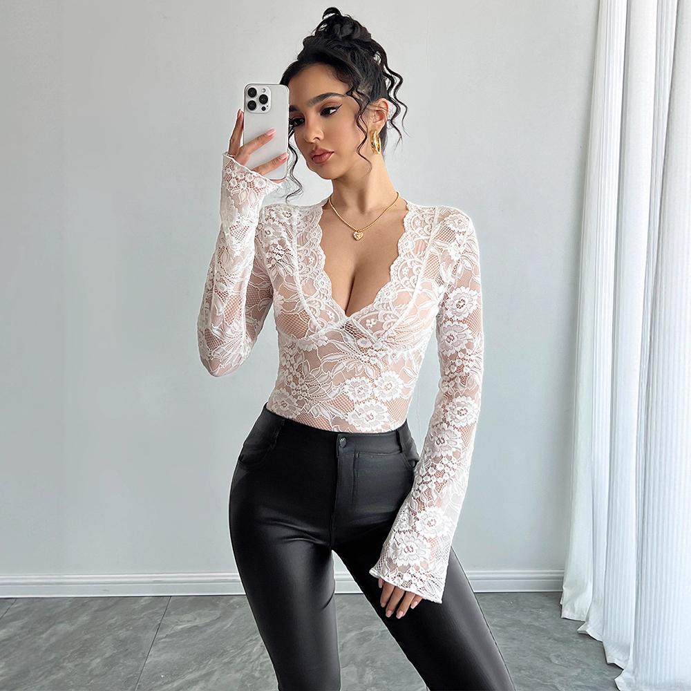 

Женский кружевной топ Y2k, сексуальный топ с V-образным вырезом и прозрачными вставками, цветочная сетка, длинный рукав, укороченный топ S белый