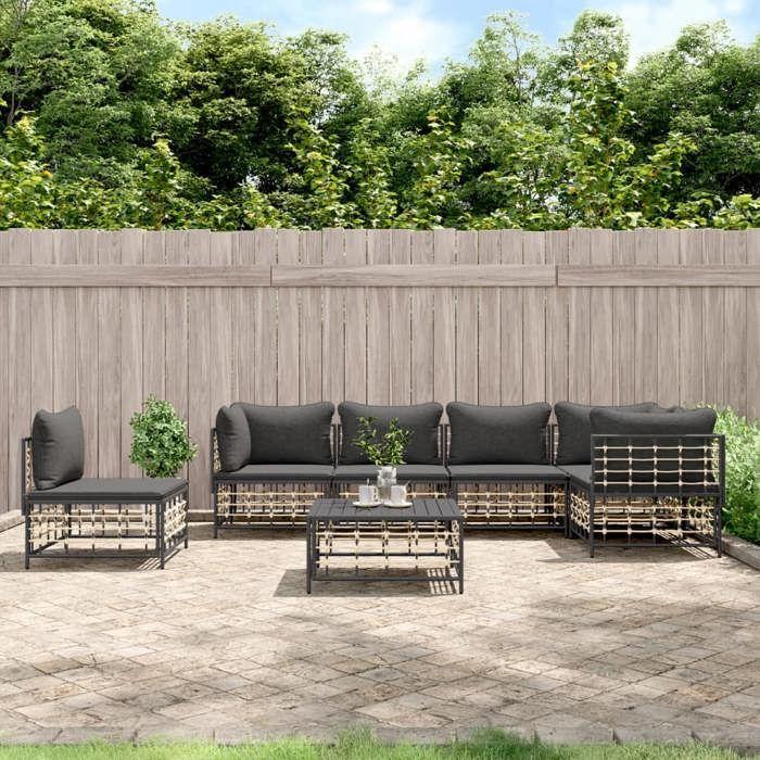 VidaXL Salon de jardin 7 pcs avec coussins anthracite résine tressée, ensemble de salon, ensemble de salon d'extérieur, 3186767