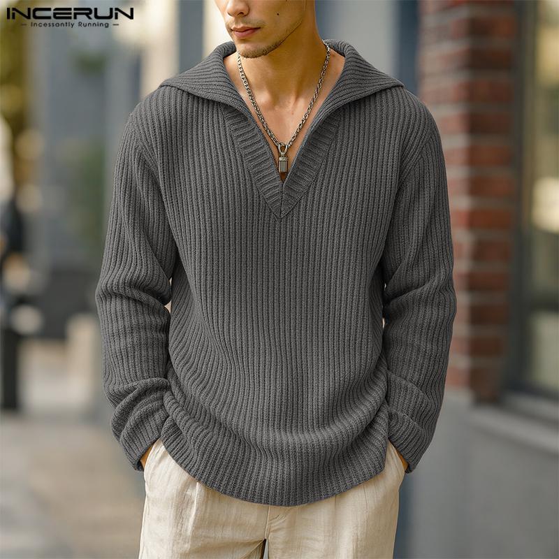 INCERUN Autumn Men Lapel V Neck Long Sleeve Texture Ribbed Knitted Casual Pullover Tops