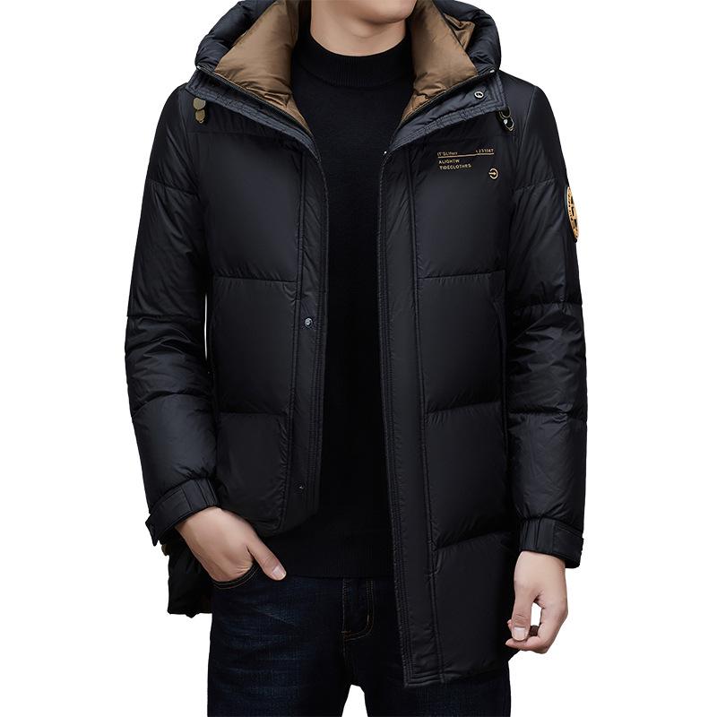 Men's Hooded Winter Puffer Jacket - Mid-Length, Warm, Loose Fit, 90% White Duck Down