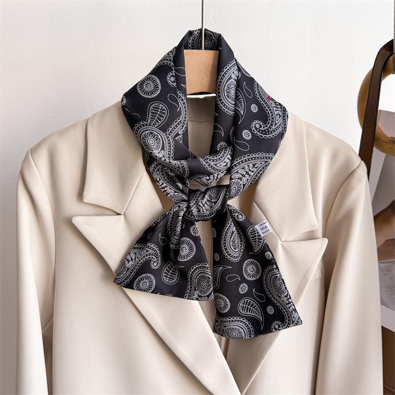 Women Silk Feel Printed Design Scarf Shawl Luxury Long Narrow Small Silk Scarves Ladies Headband Headscarve