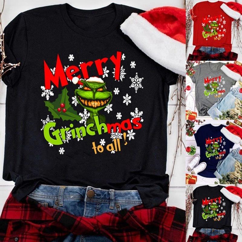 Women Christmas Grinch Short Sleeve T-shirt Tops With Trendy Crew Neck Design