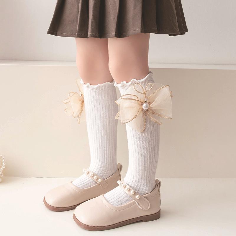 Girls Cotton Knee High Socks Spring Summer Princess Bow Pearl Decor Solid Long Stockings For Kids Age 1-13 Years
