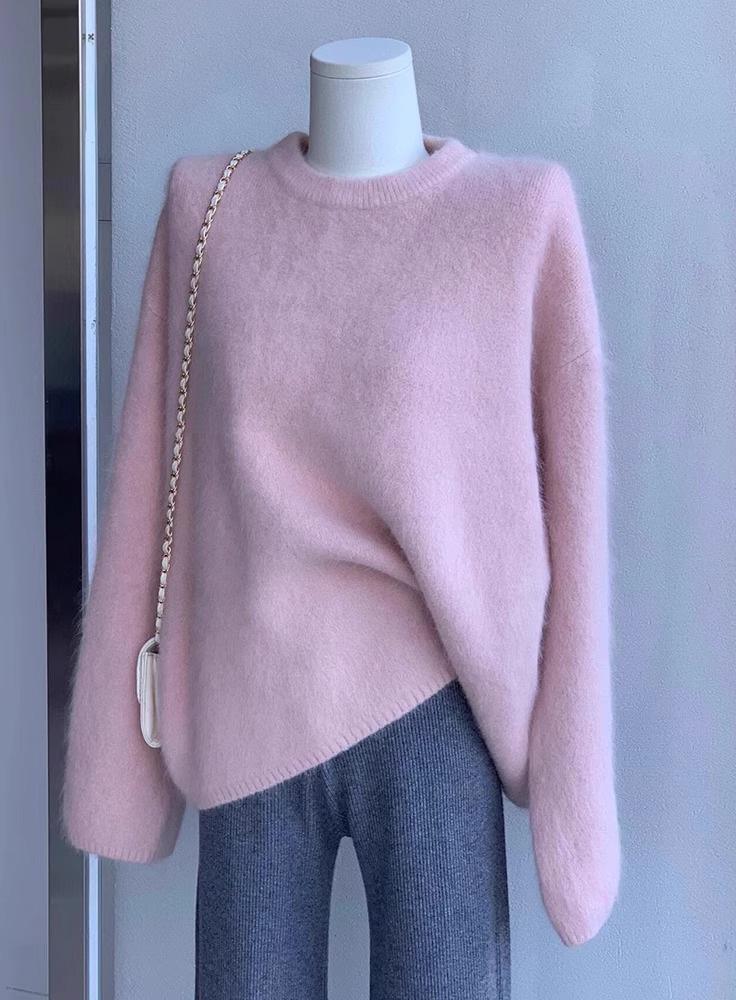 Women's Pink Mink Velvet Round Neck Pullover - Soft, Thick, Loose Knit Sweater for Autumn/Winter