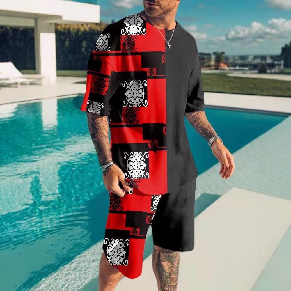 European and American 3D digital printing men's summer short-sleeved beach pants set trendy T-shirt set, manufacturer