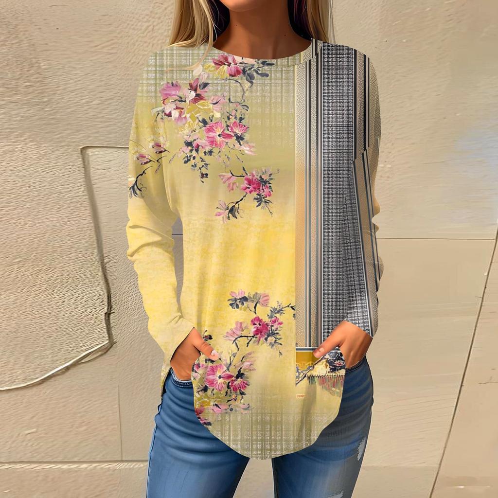 Women's Fashion Pullover Round Neck Long Sleeve Printed Top