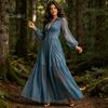 Versatile Women Dress Faux Denim Maxi Dress, Mesh Patchwork Long Sleeve Button Party Casual Down Shirt Loose Vintage Summer Simple Style