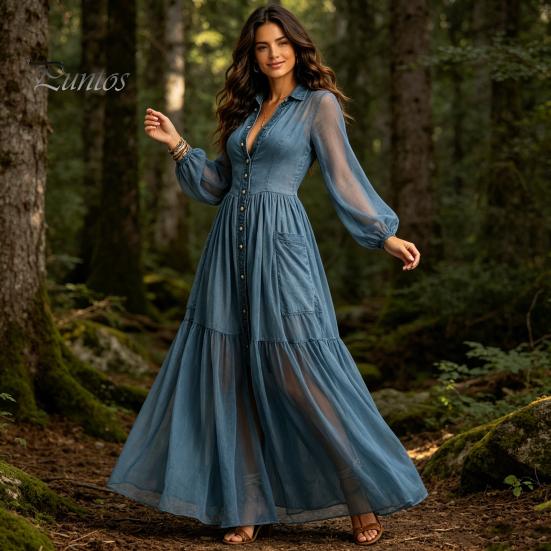 Versatile Women Dress Faux Denim Maxi Dress, Mesh Patchwork Long Sleeve Button Party Casual Down Shirt Loose Vintage Summer Simple Style