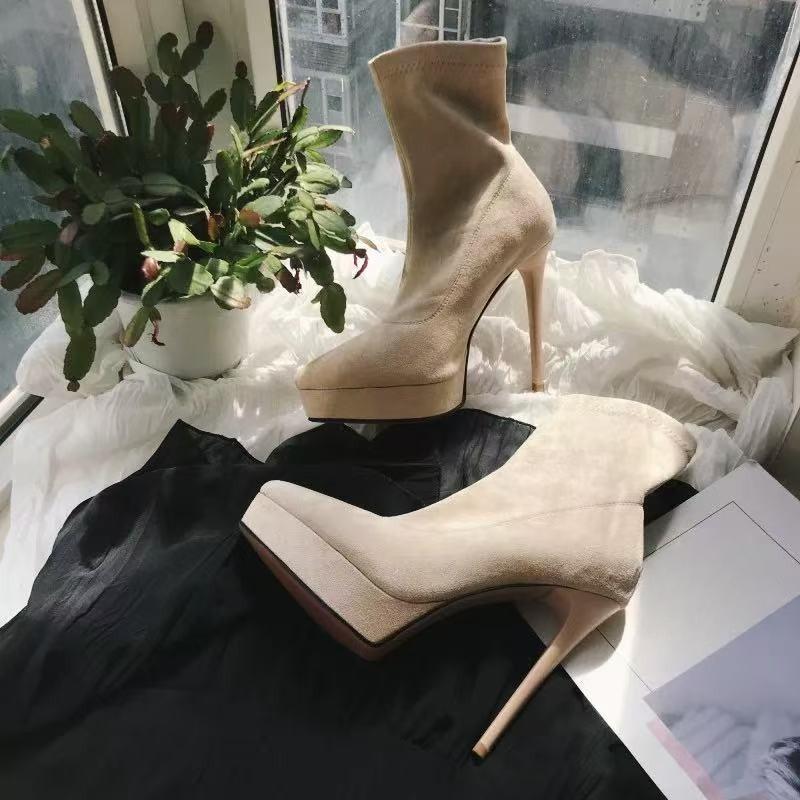 Fall/Winter  Stiletto Stretch Boots Pointed Toe Platform Suede Slean Sexy Temperament Booties