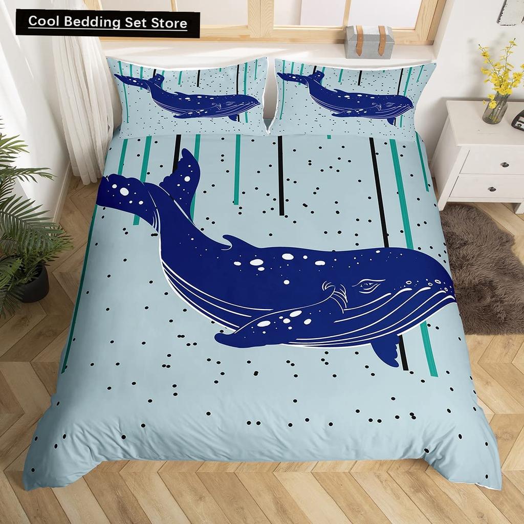 Whales King Queen Duvet Cover Ocean Animal Bedding Set Seaweed Starfish Marine Life Quilt Cover Blue Polyester Comforter Cover