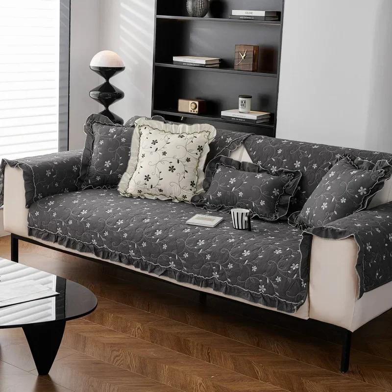 Cotton Sofa Cover with Ruffled Edges Floral Fresh Style Non-slip Sofa Cushion Four Season Universal Couch Protector Sofa Towel
