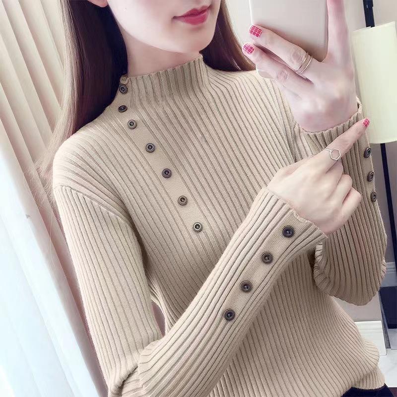 Women Autumn Knitted Slim Sweaters Solid Knitted Female Cotton Soft Elastic Color Pullovers Button Full Sleeve Turtleneck