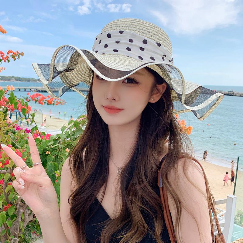 

Летняя новая шляпа женская в горошек с лентами пляжная шляпа дышащая соломенная шляпа защита от солнца шляпа от солнца путешествия дорожная шляпа от солнца One Size
